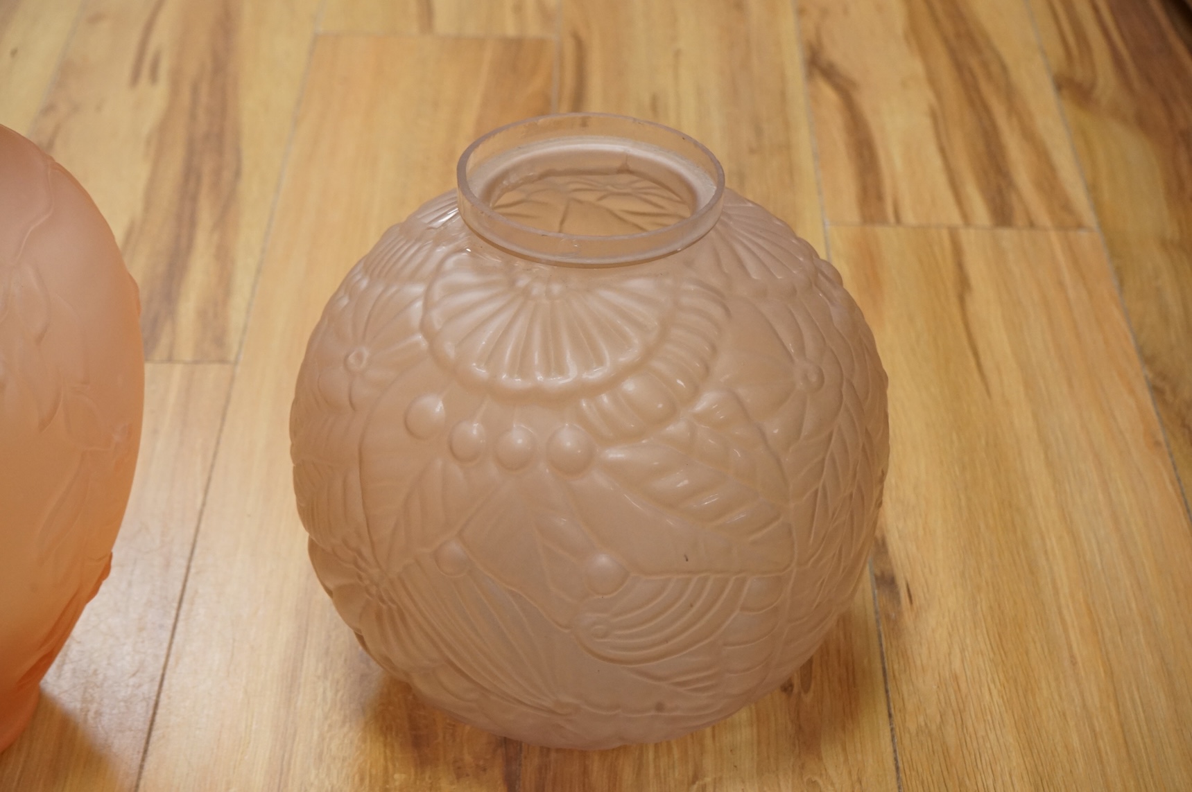 Two French Art Deco pressed peach glass vases, tallest 29.5cm